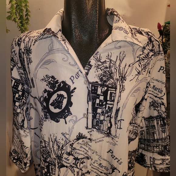 Alia White Paris Scene Print Cropped Sleeve Shirt Sz.16 - Picture 2 of 7